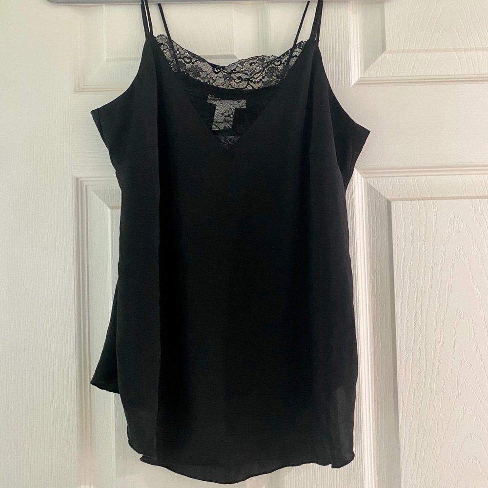 Black spaghetti strap tank with lace front
